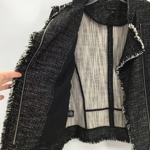 Ann Taylor Tweed Fringe Moto Style Jacket Black/White Career Casual Size Small - Picture 9 of 11